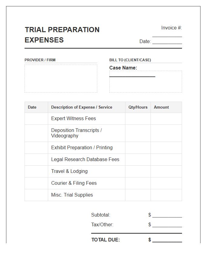 Trial Preparation Expenses Invoice Template