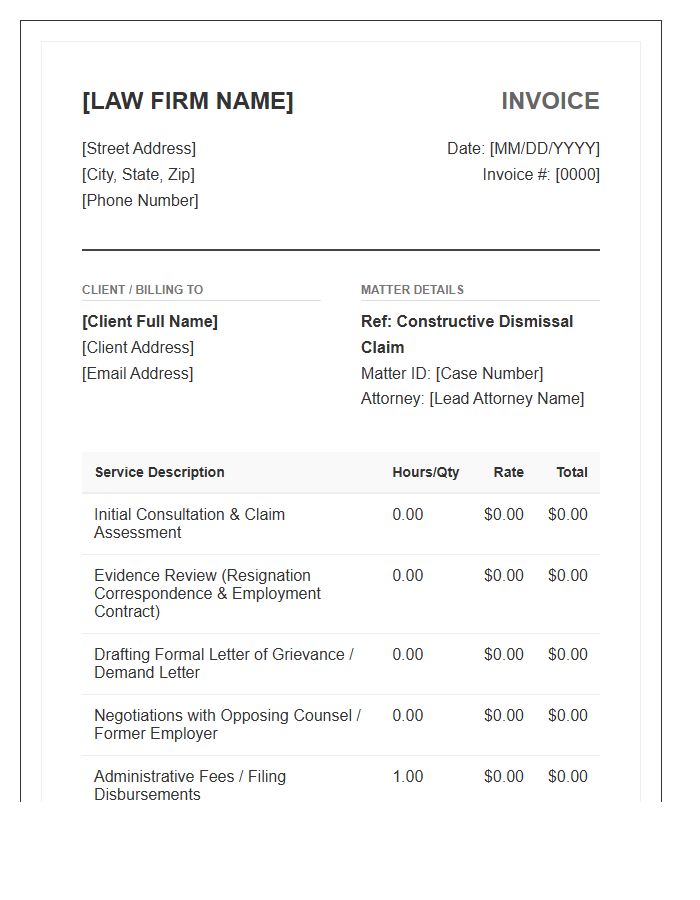 Constructive Dismissal Legal Service Invoice Template