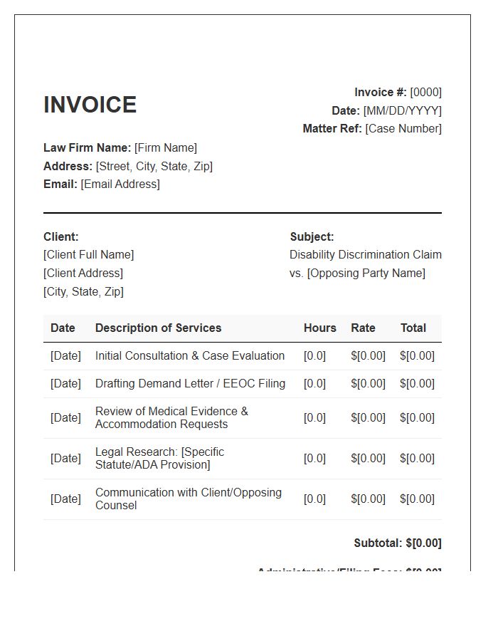 Disability Discrimination Legal Fee Invoice Template