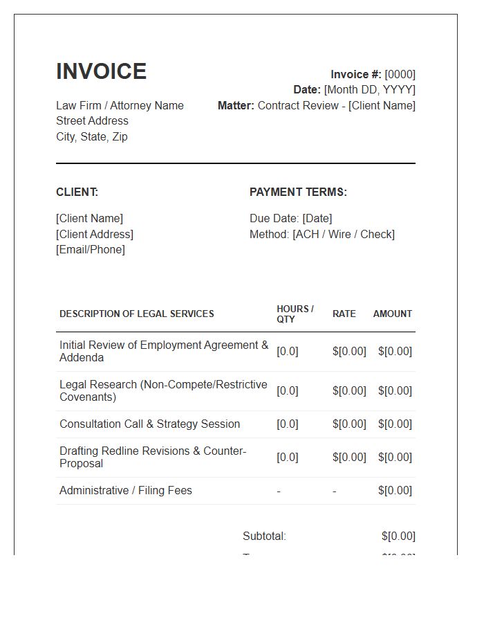 Employment Contract Review Legal Invoice Template