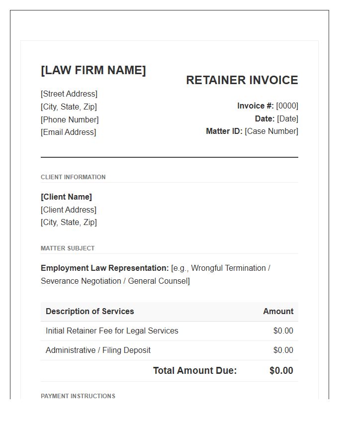 Employment Law Retainer Fee Invoice Template