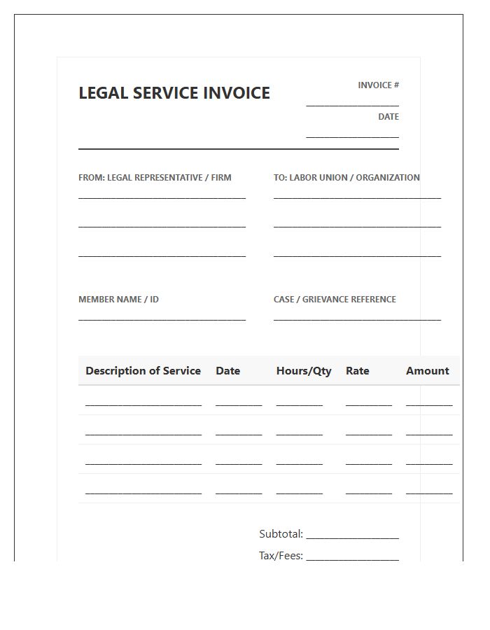 Union Representation Legal Service Invoice Template