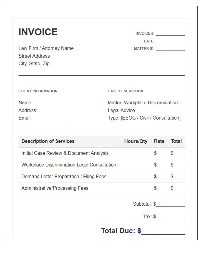 Workplace Discrimination Legal Advice Invoice Template