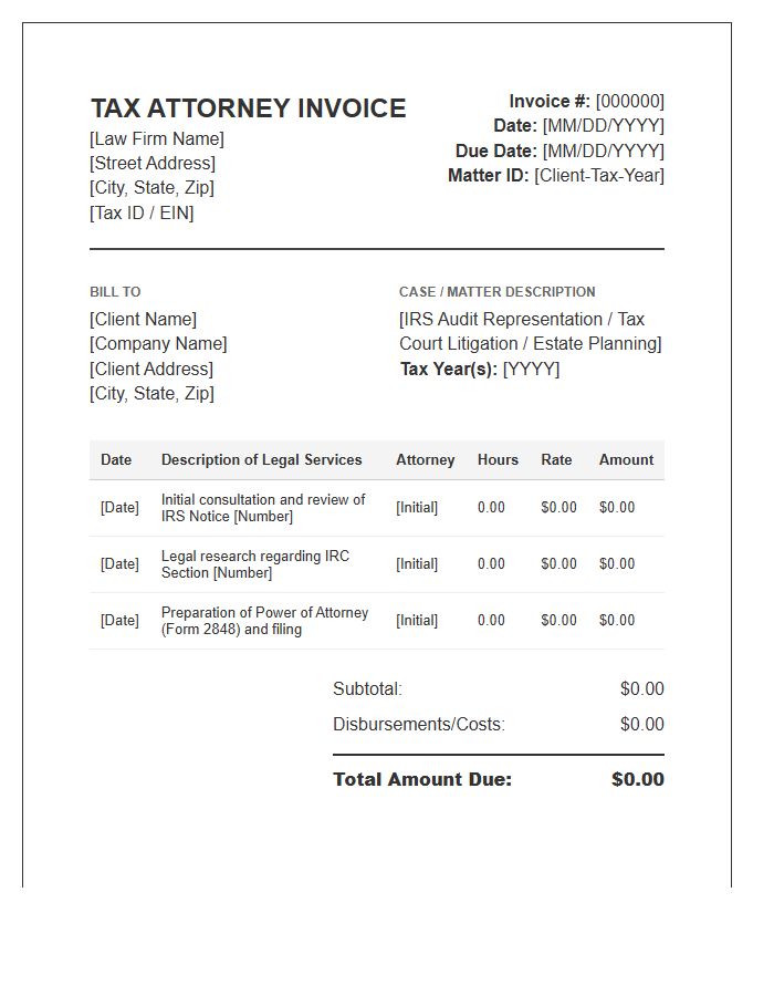 Tax Attorney Legal Service Invoice Template