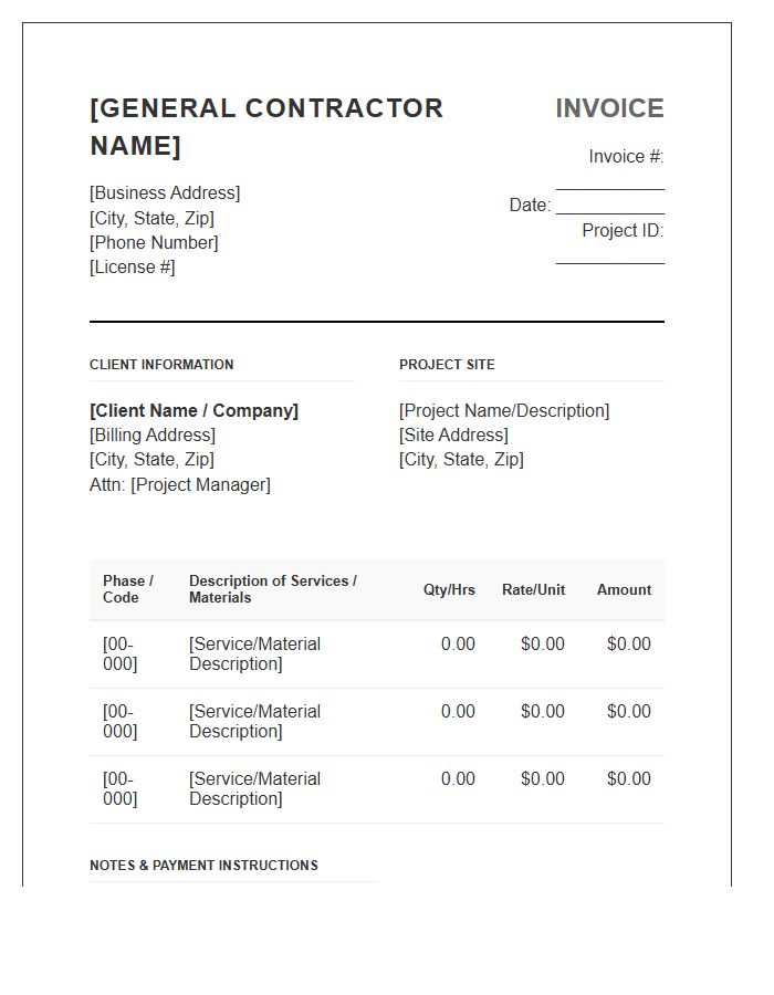 Commercial General Contractor Service Invoice Template