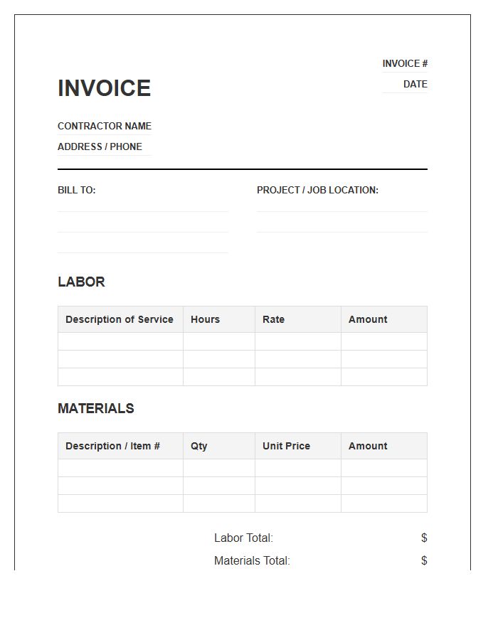 Contractor Labor And Materials Invoice Template