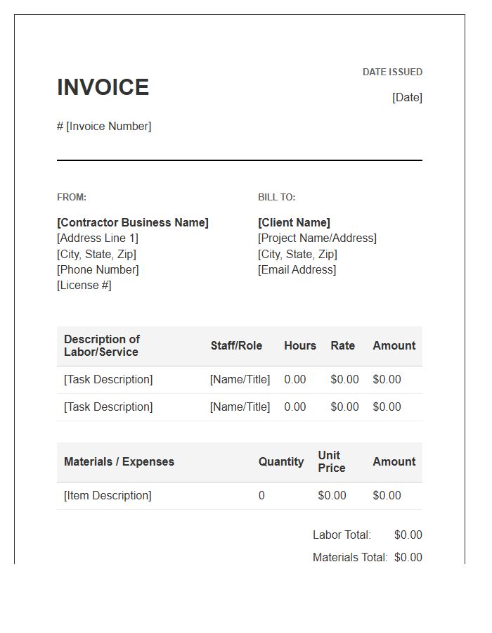 General Contractor Hourly Rate Invoice Template