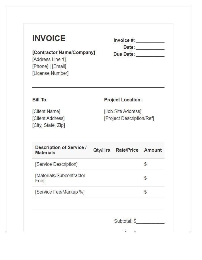 General Contractor Service Fee Invoice Template