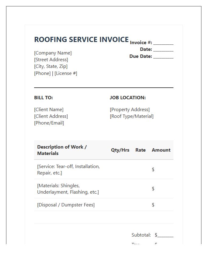 Roofing Contractor Service Invoice Template