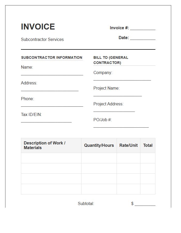 Subcontractor Billing Invoice Template For General Contractors