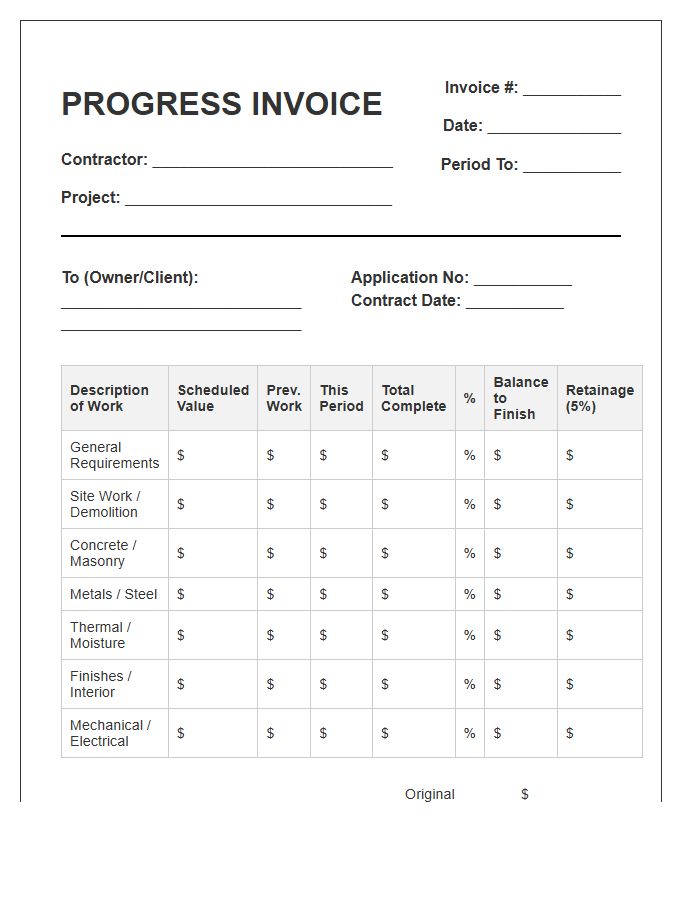 Commercial Construction Progress Invoice Template