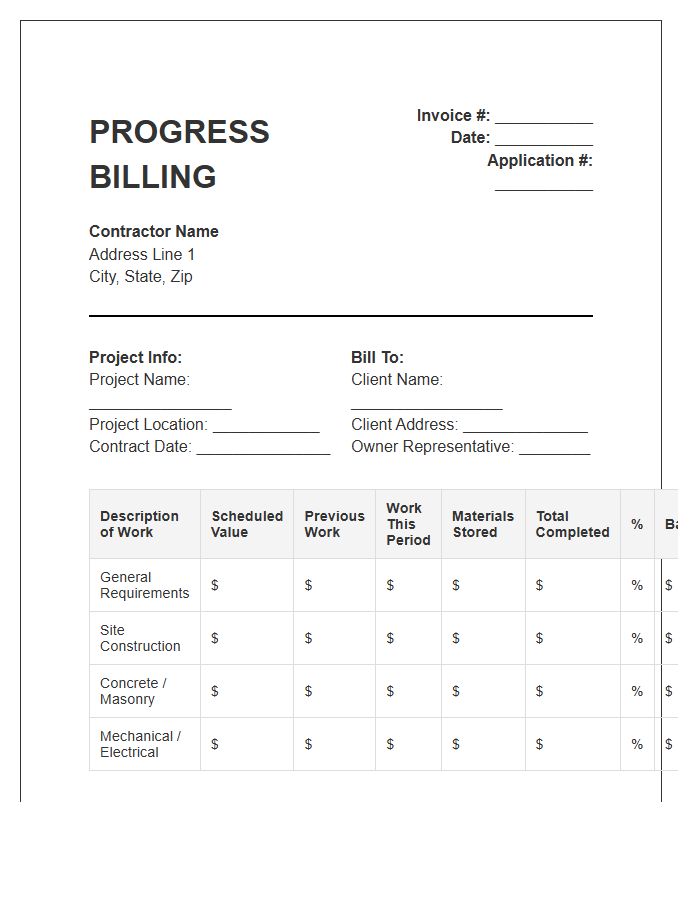 Construction Project Management Progress Billing Invoice Template
