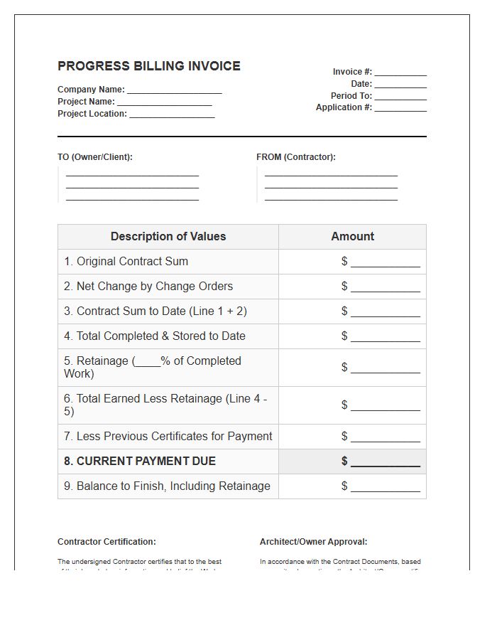Construction Retainage Progress Billing Invoice Template