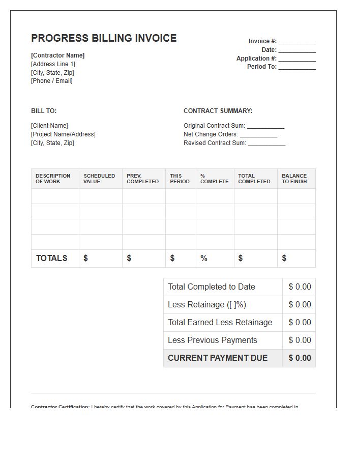 Contractor Percentage Of Completion Invoice Template