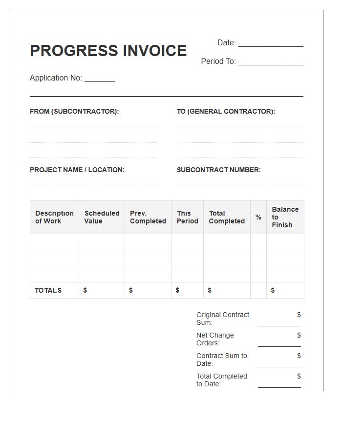 Detailed Subcontractor Progress Invoice Template