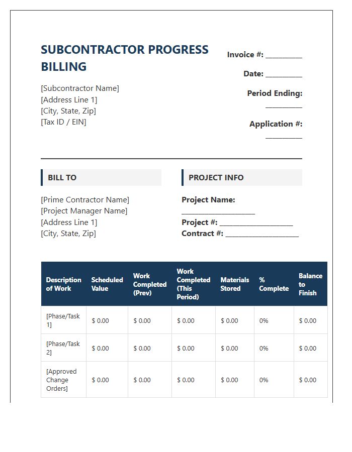 Enterprise Subcontractor Progress Billing Invoice Template