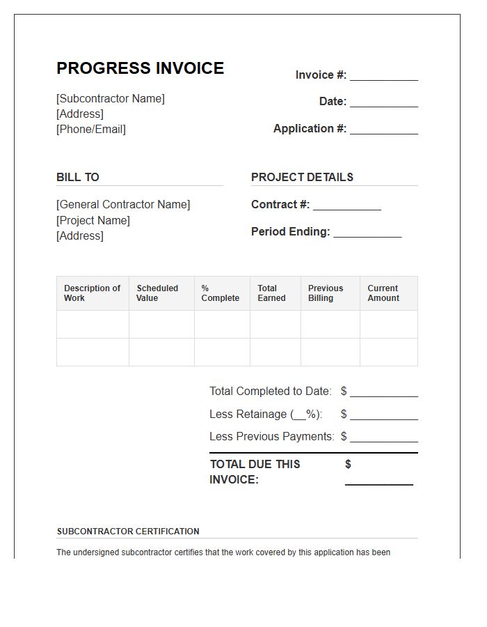 Fixed Price Subcontractor Progress Invoice Template