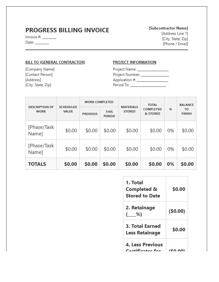 Formal Subcontractor Progress Billing Invoice Template