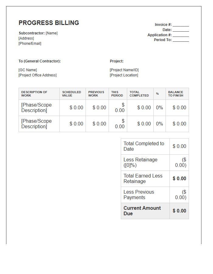 Lump Sum Subcontractor Progress Billing Invoice Template