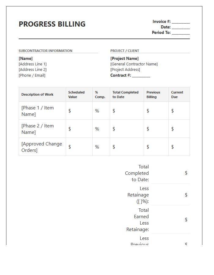 Professional Subcontractor Progress Billing Invoice Template