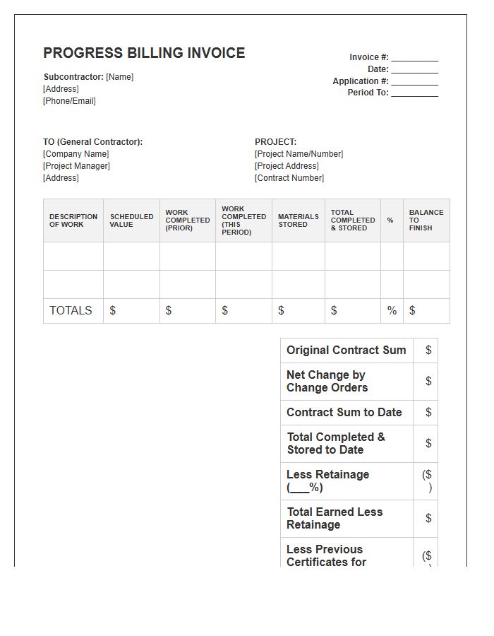 Standard Progress Billing Invoice Template For Subcontractors