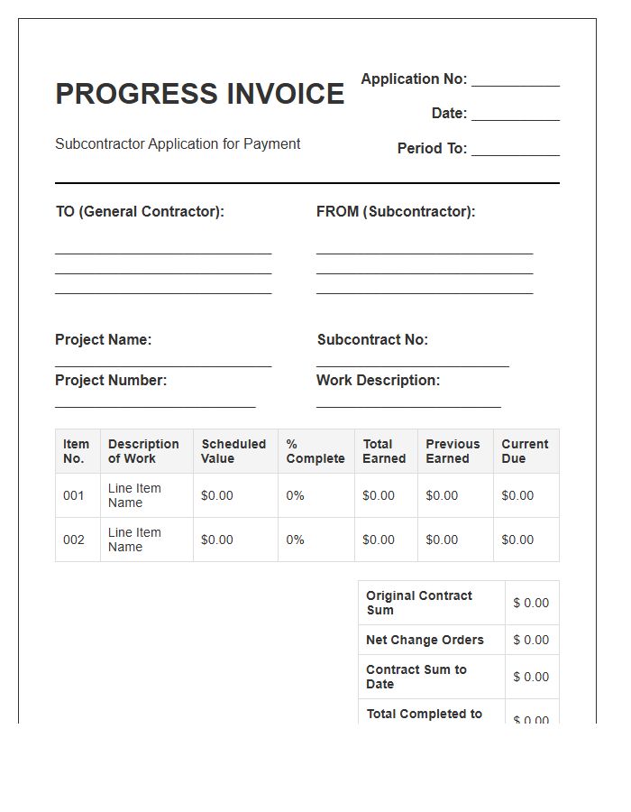 Subcontractor Application For Payment Progress Invoice Template