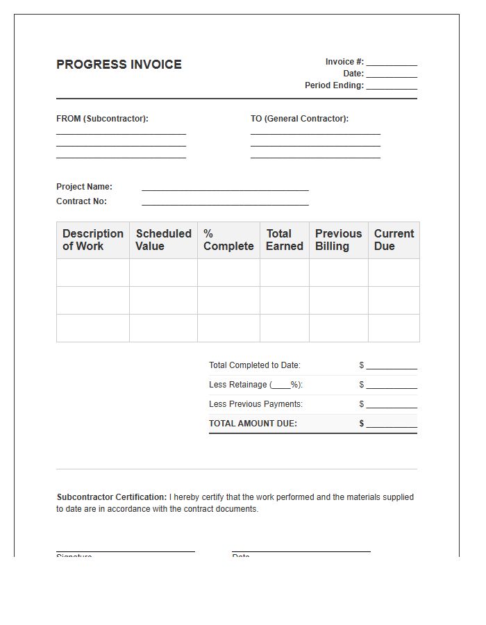Subcontractor Monthly Progress Invoice Template