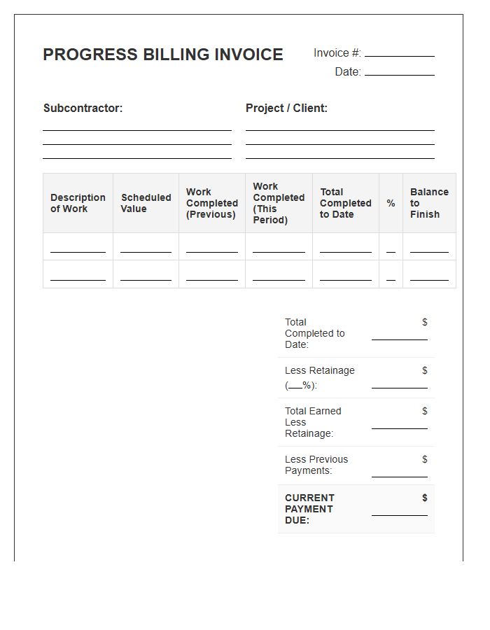 Subcontractor Progress Billing Invoice Template With Retainage