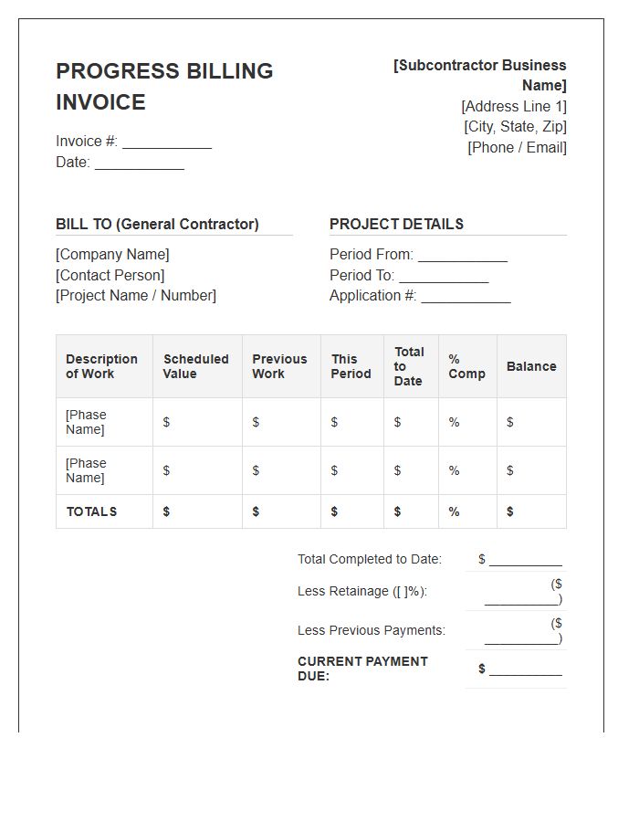 Subcontractor Progress Billing Invoice Template