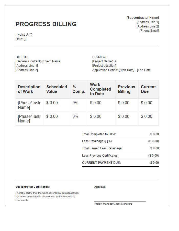 Subcontractor Service Progress Billing Invoice Template