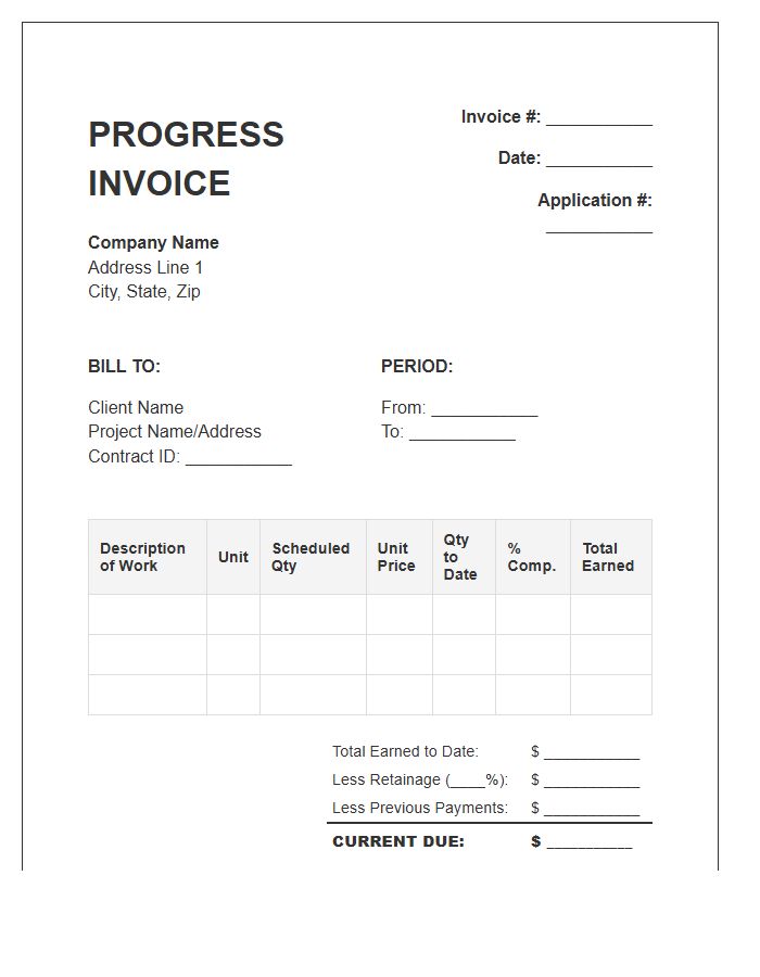 Unit Price Progress Billing Invoice Template