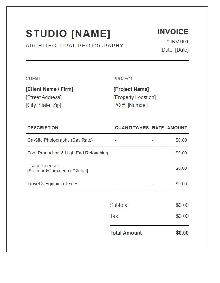 Architectural Photography Professional Invoice Template