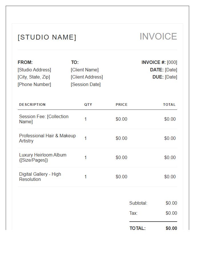 Boudoir Photography Studio Invoice Template