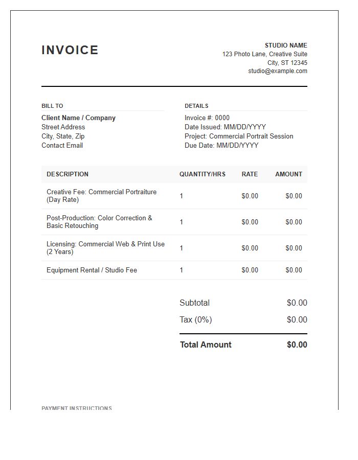 Commercial Portrait Photography Invoice Template