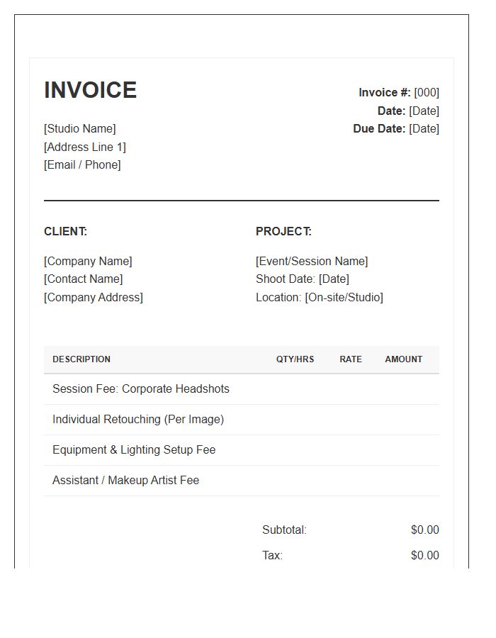 Corporate Headshot Photography Invoice Template