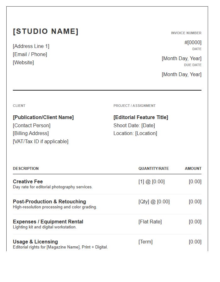 Editorial Photography Service Invoice Template