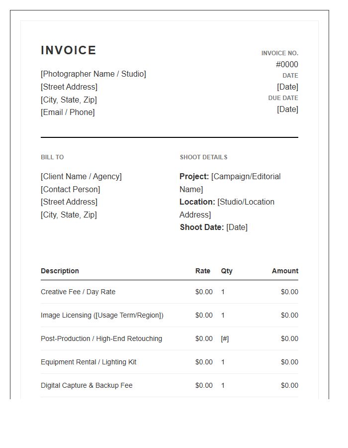 Fashion Photography Shoot Invoice Template