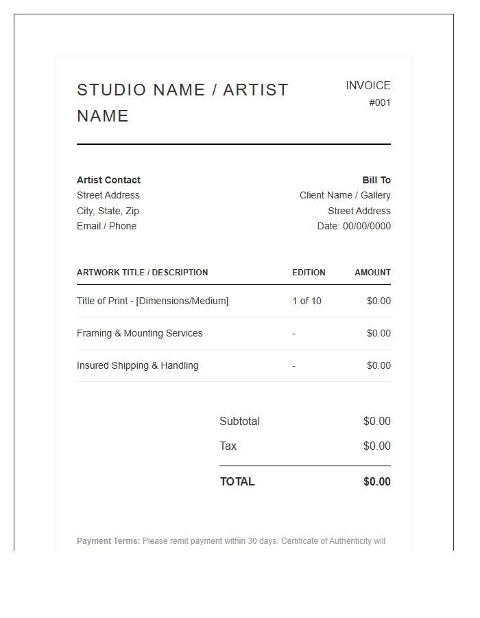 Fine Art Photography Invoice Template
