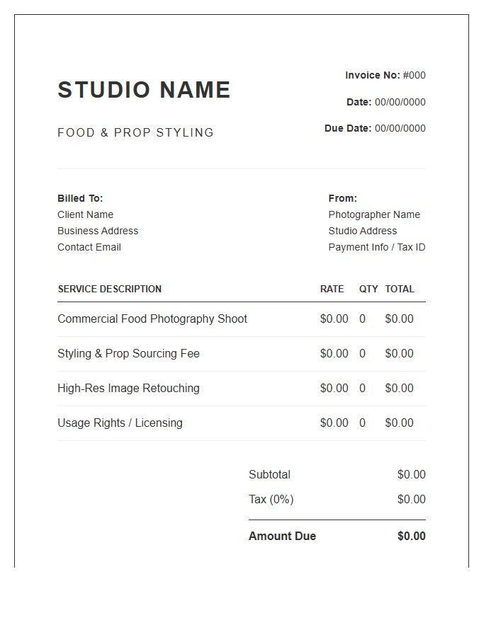 Food Photography Branding Invoice Template