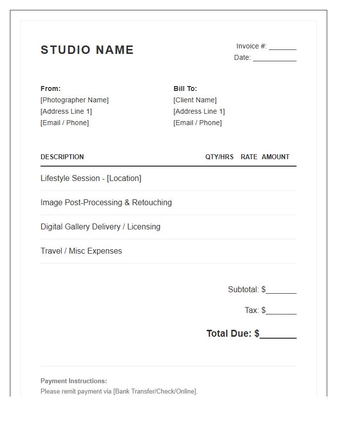 Lifestyle Photography Session Invoice Template