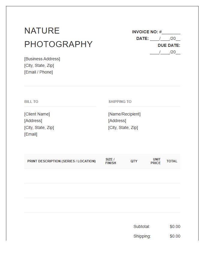 Nature Photography Print Invoice Template