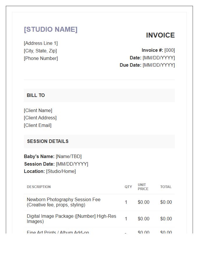 Newborn Photography Session Invoice Template