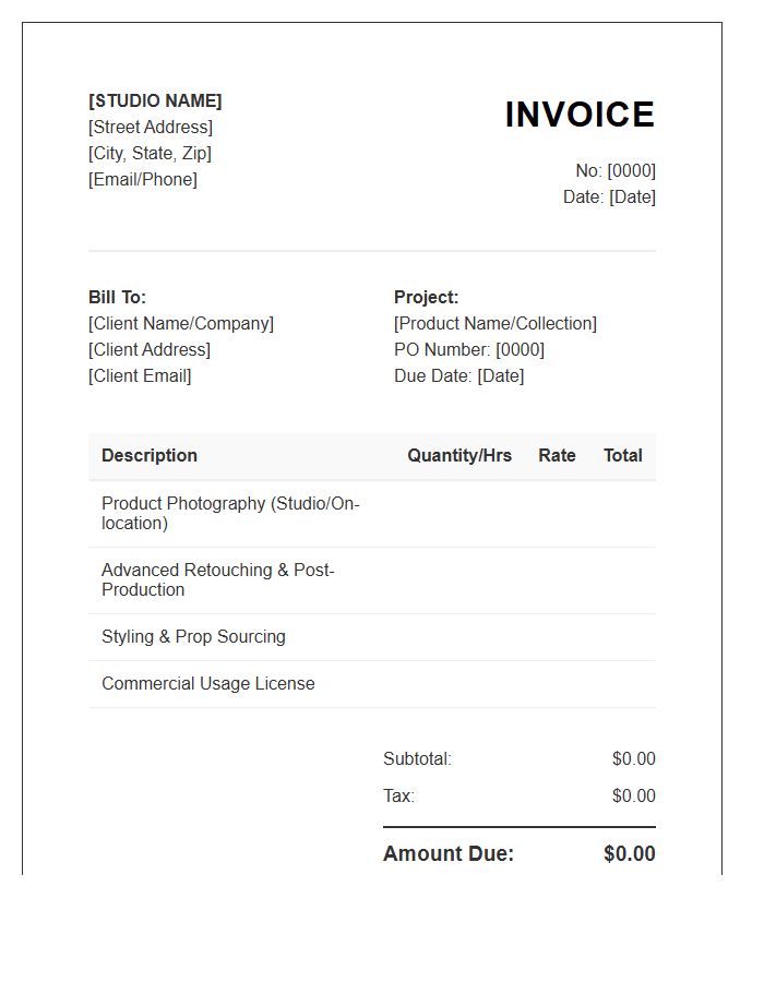 Product Photography Project Invoice Template