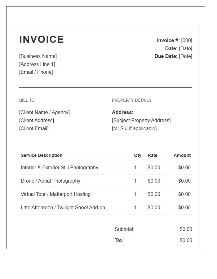 Real Estate Property Photography Invoice Template