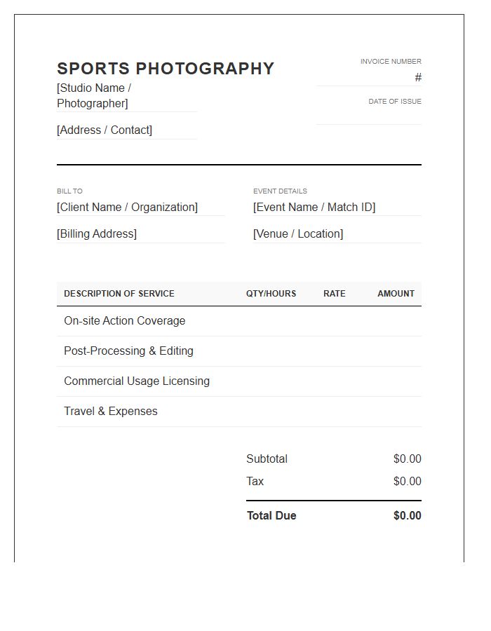 Sports Photography Coverage Invoice Template