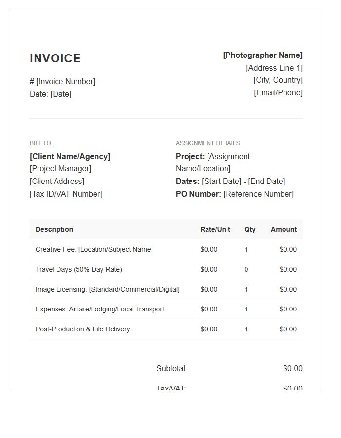 Travel Photography Assignment Invoice Template