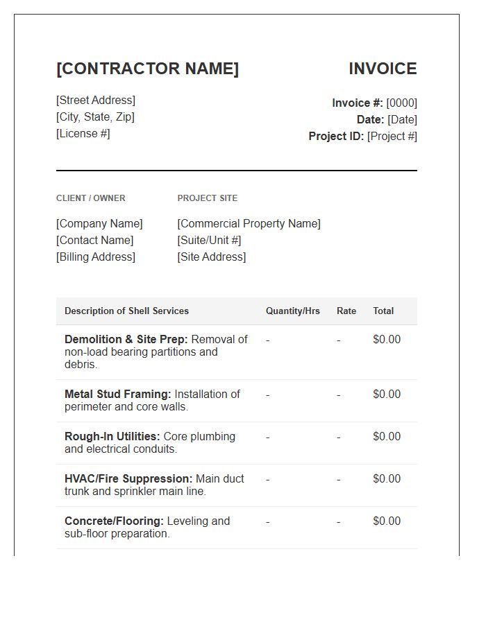 Commercial Interior Shell Construction Invoice Template