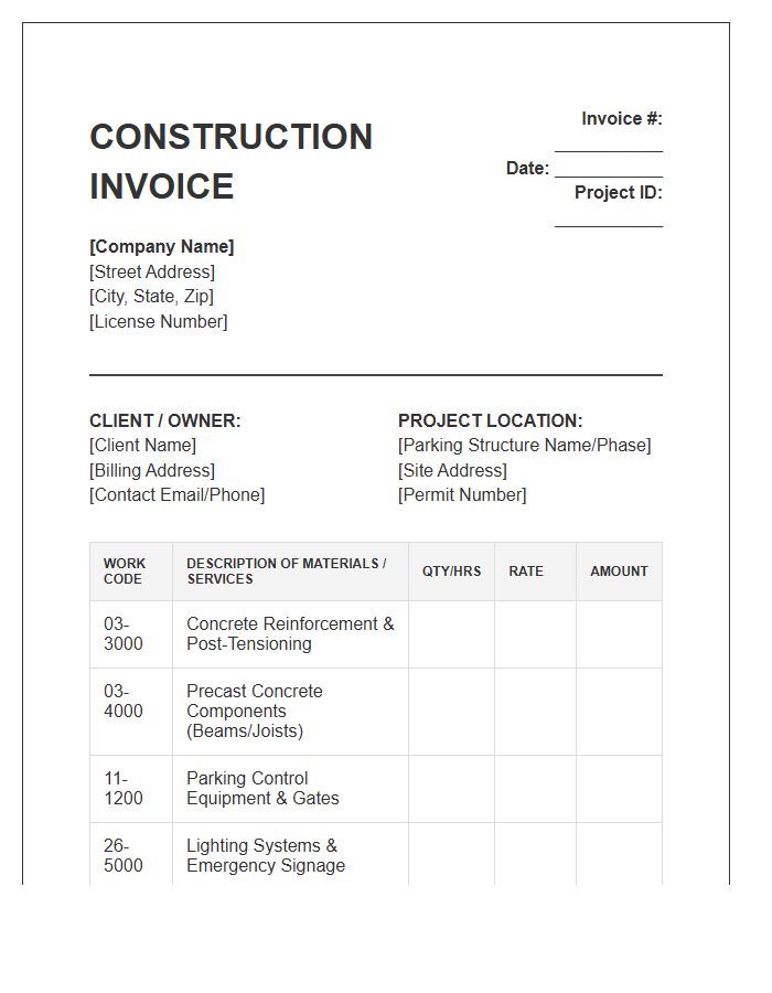 Commercial Parking Structure Construction Invoice Template