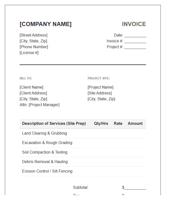 Commercial Site Preparation Construction Invoice Template