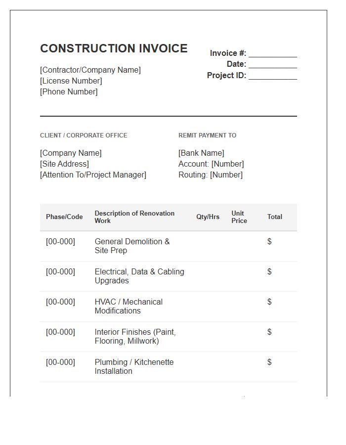 Corporate Office Renovation Construction Invoice Template